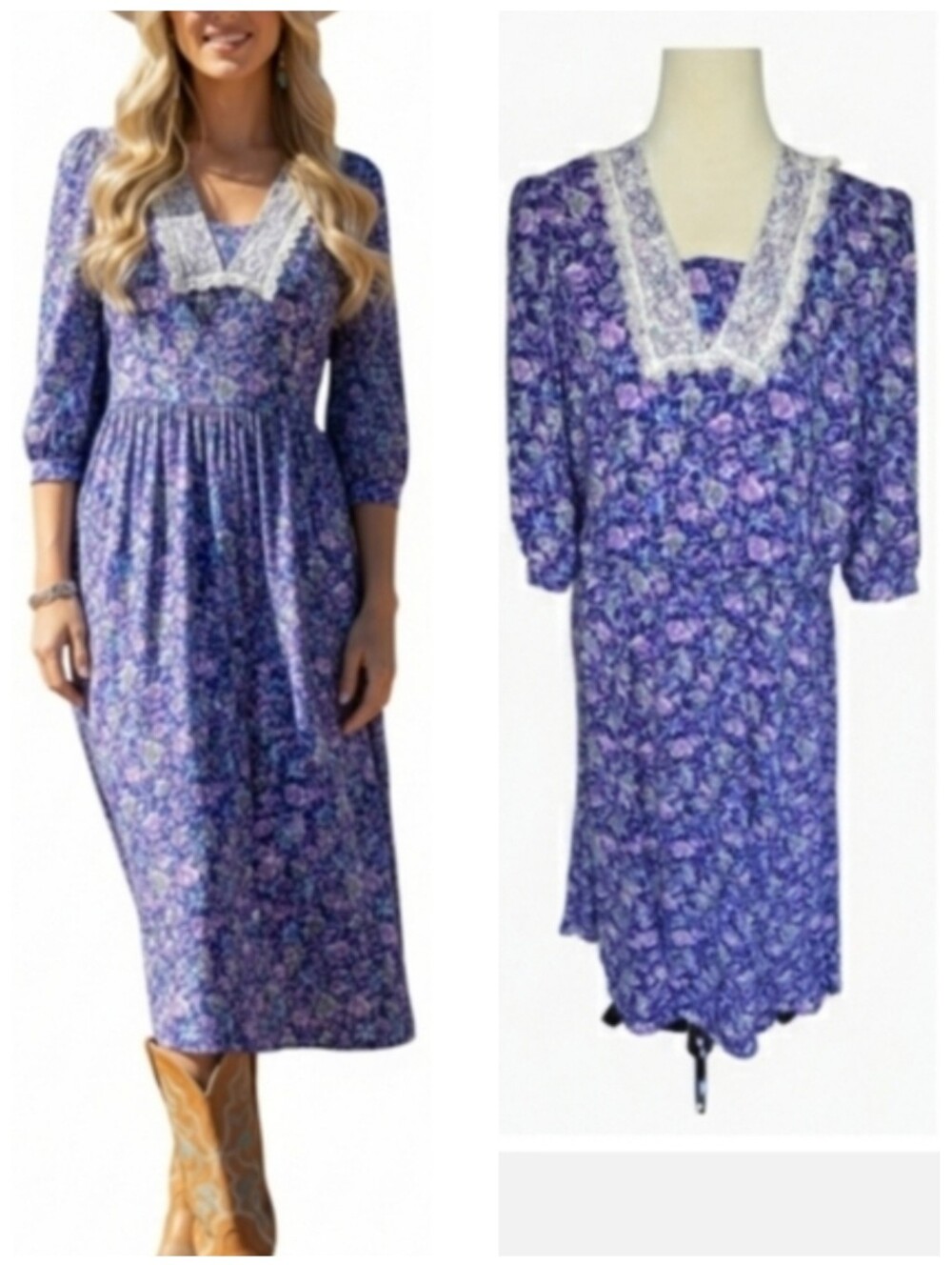 Vintage Alison Peters Floral Purple & Blue Dress with Lace Collar Size 14